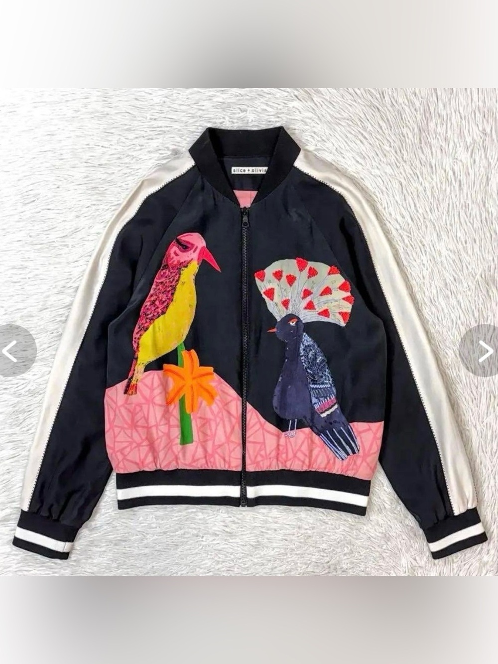 Alice + Olivia Black Bomber Jacket with Multicolor Bird Embroidery